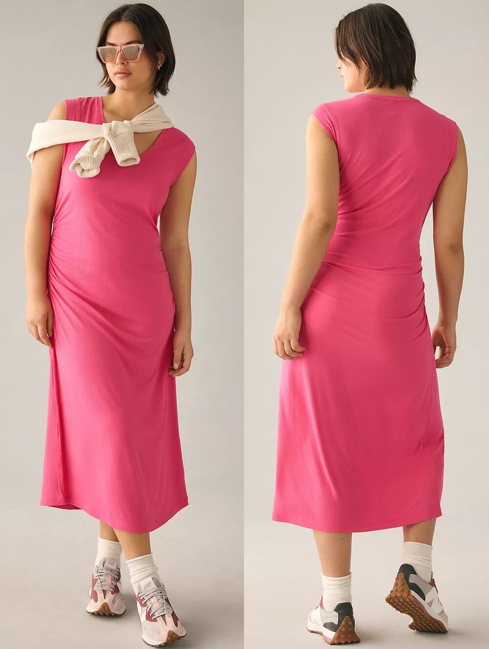 Anthropologie Daily Practice Ruched Scoop Neck Lounge Midi Dress in Pink